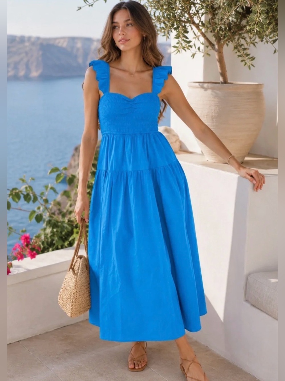 Abercrombie & Fitch Ruffle Strap Smocked Midi Dress in Blue
